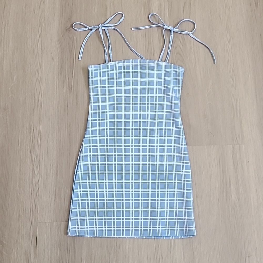 SHEIN Blue Knot Strap Plaid Mini Bodycon Dress Summer Small 4 Picnic Casual